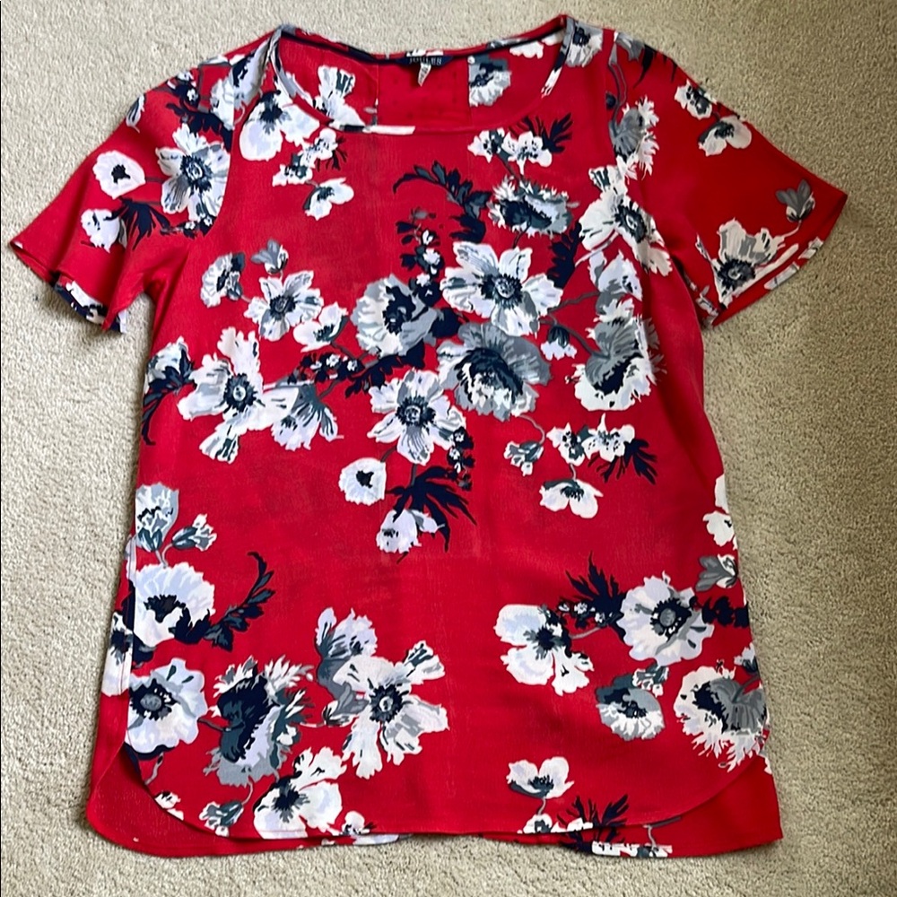 Joules Red, Navy & White Short Sleeve Floral Blouse